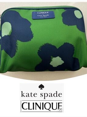 Clinique x Kate Spade Green Navy Makeup Bag Zipper Pouch
